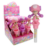 Maxxi Toys - Cute Mushroom Shakes Whistle With Candy (5g): Display box of colorful candy dispensers shaped like smiling dolls with pink and purple outfits, featuring mushroom whistle candies—perfect for party favors or kids’ treats.